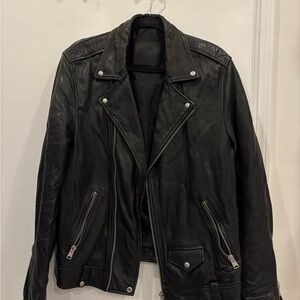 All Saints Men’s Black Milo Asymmetric Zip Leather Biker Jacket in Size Small